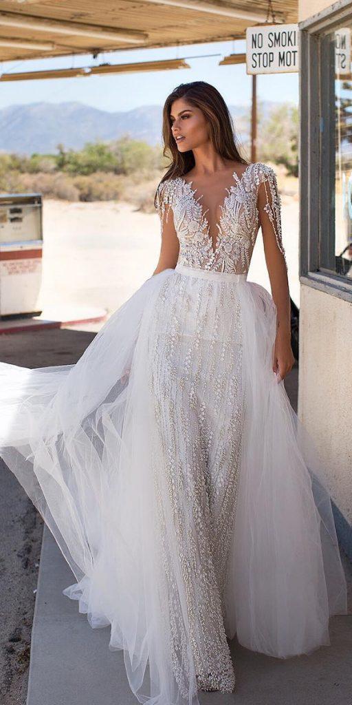 milla nova wedding dresses 2019 sheath with illusion sleeves plunging neckline lace