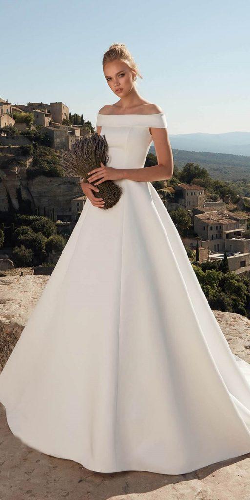 satin wedding dresses a line simple of the shoulder neckline romantic ariamo