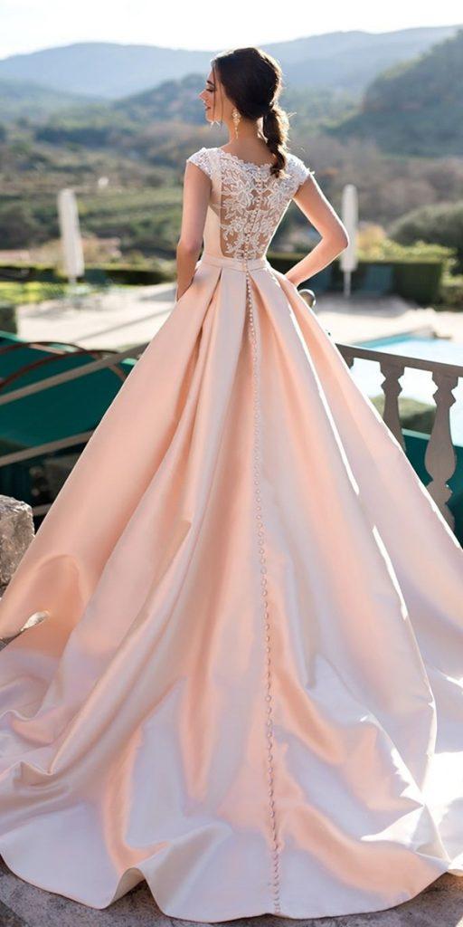 satin wedding dresses ball gown with cap sleeves lace pink back nora naviano