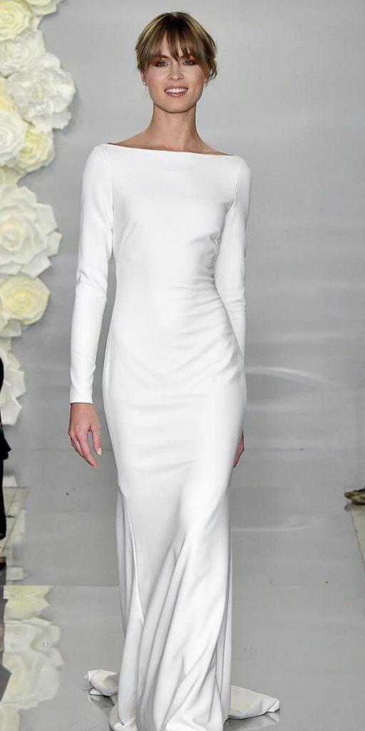 satin wedding dresses sheath simple with long sleeves theia couture