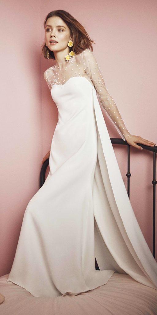 satin wedding dresses sheath with illusion long sleeves floravere