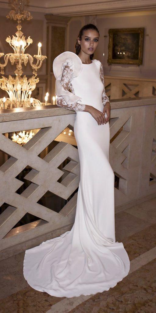 satin wedding dresses sheath with lace long sleeves modern pinella passaro