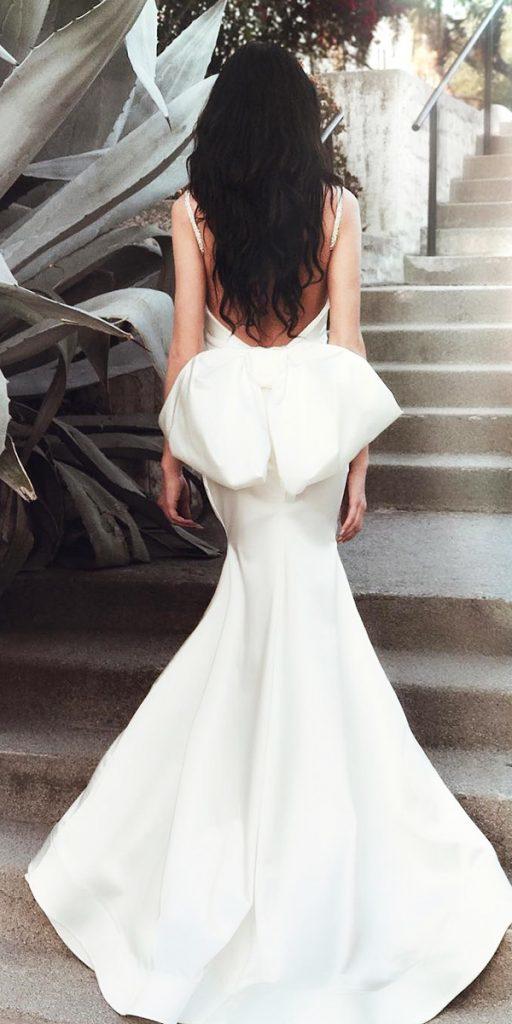 satin wedding dresses simple mermaid low back with bow laurene laine bridal