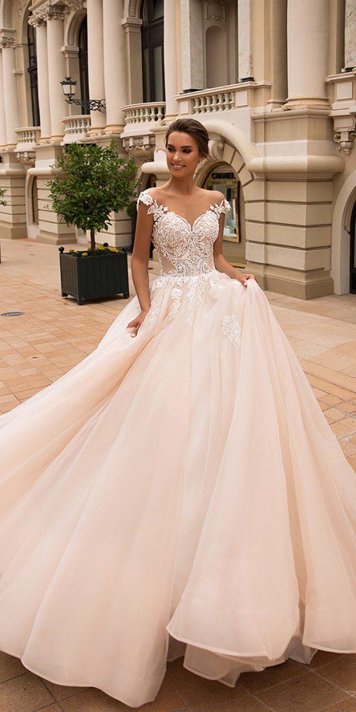 viero wedding dresses 2019 ball gown illusion neckline sleeves lace top blush