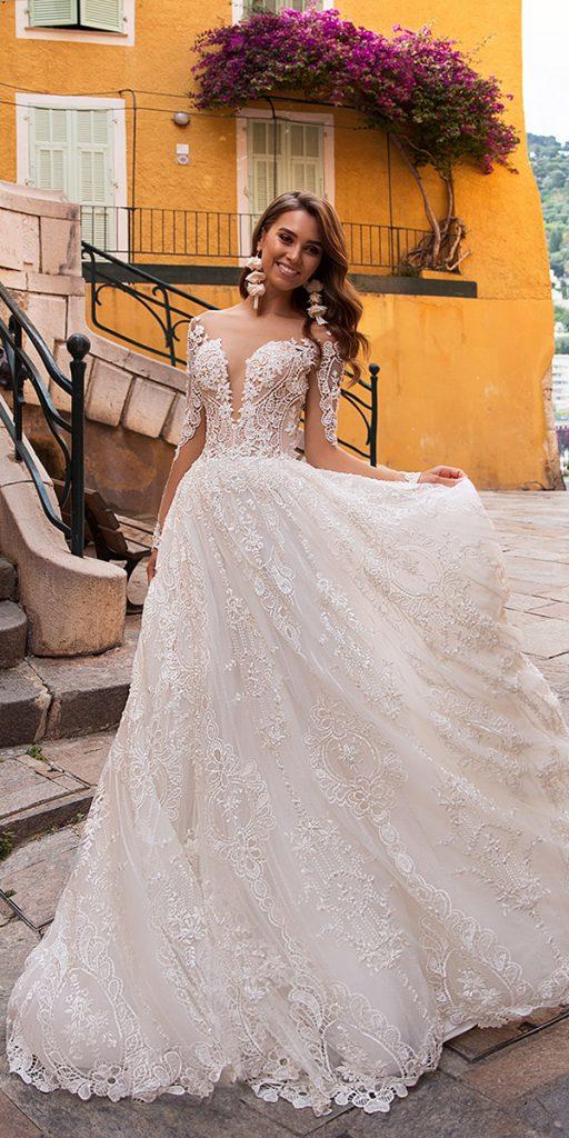 viero wedding dresses princess deep v neckline with long sleeves lace