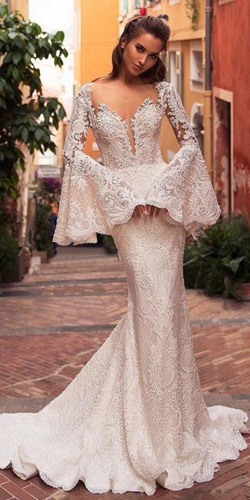 viero wedding dresses 2019 with long sleeves deep v neckline lace
