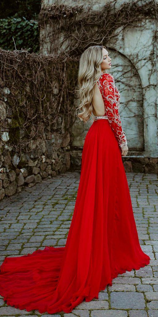 alternative wedding dresses a line red open back with long sleeves sequins rachel allan