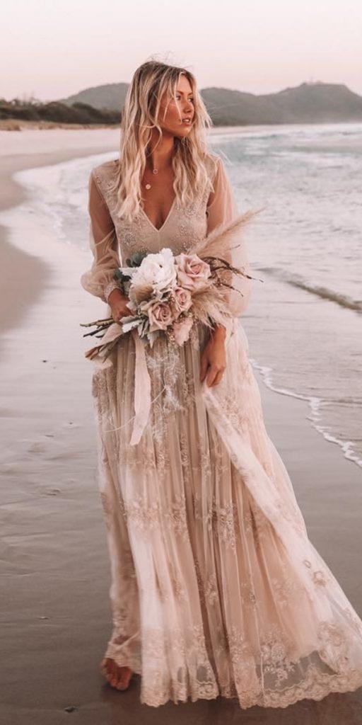 beach wedding dresses a line v neckline with illusion long sleeves blush