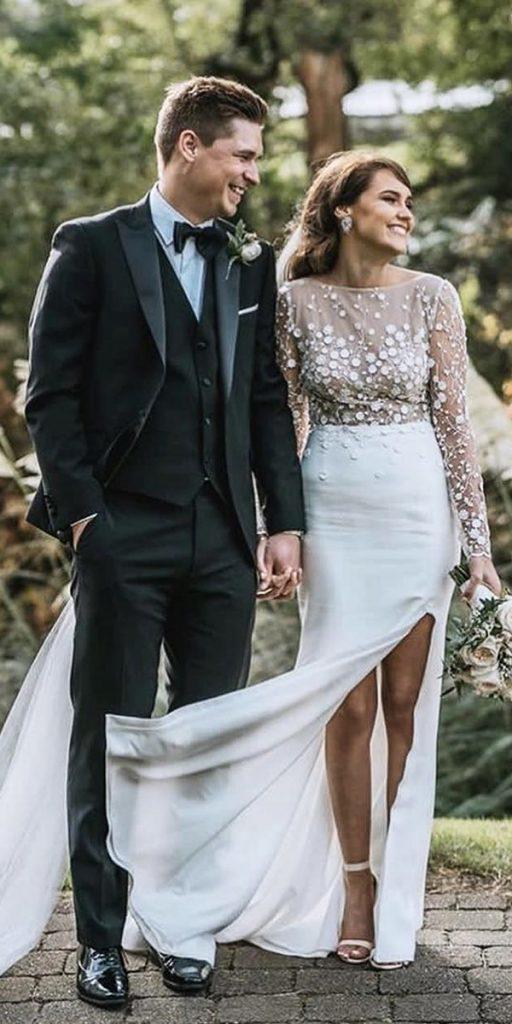 destination wedding dresses sheath with illusion long sleeves slit rimearodaky