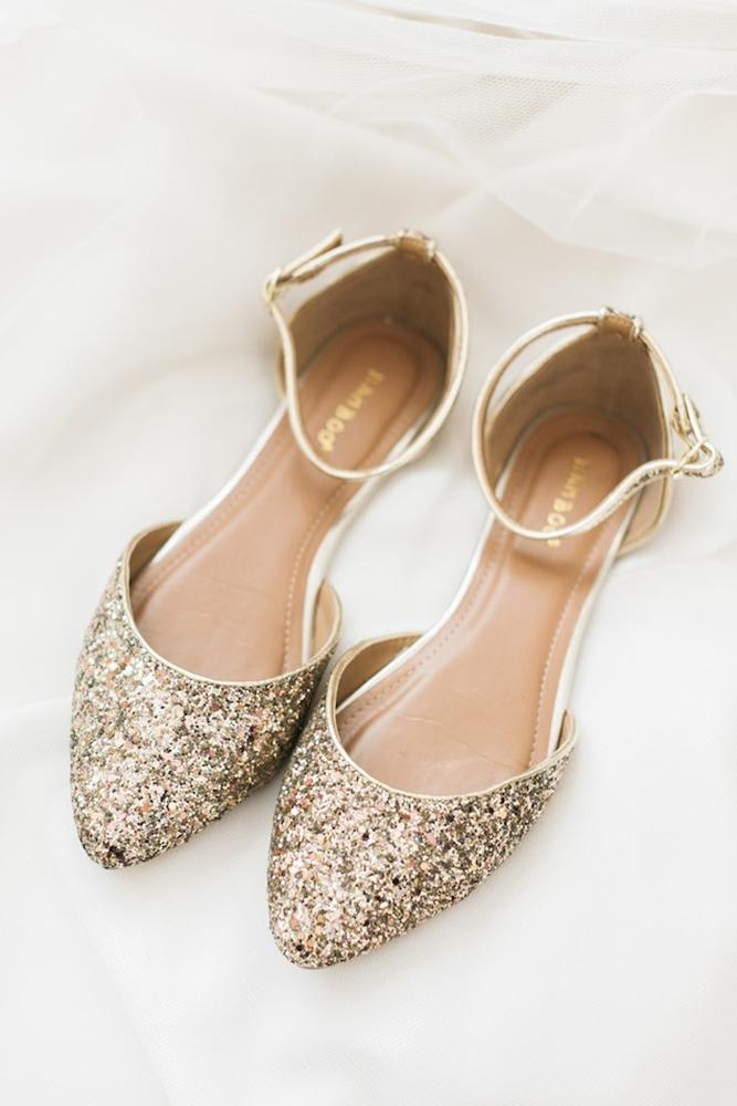 flat wedding shoes sparkle gold sequins shea christine photography