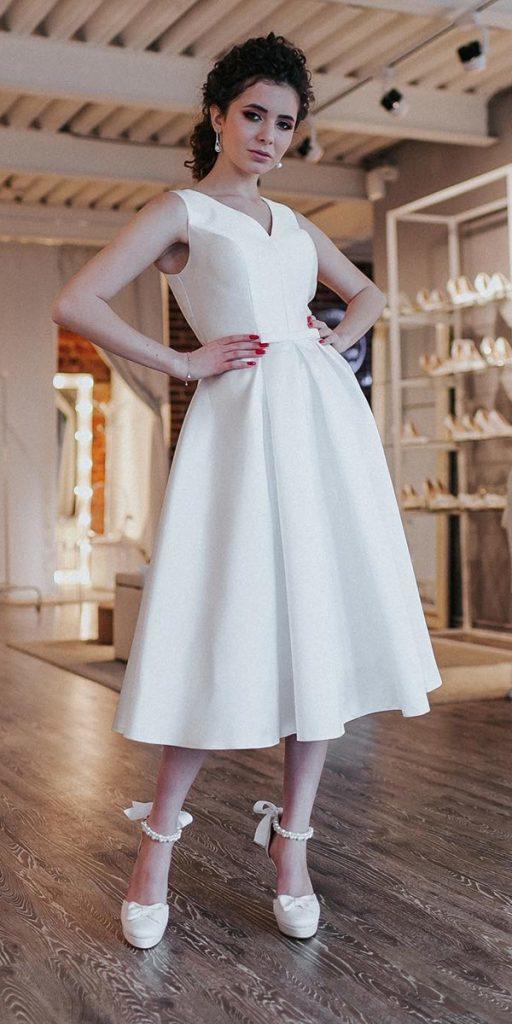 knee length wedding dresses simple v neckline sleveless country vivabride