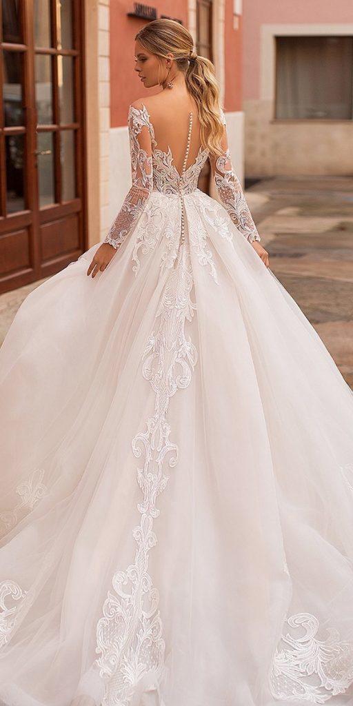  lace back wedding dresses ball gown with illusion sleeves buttons navibluebridal