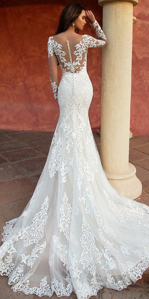 lace back wedding dresses fit and flare with illusion long sleeves buttons noranaviano