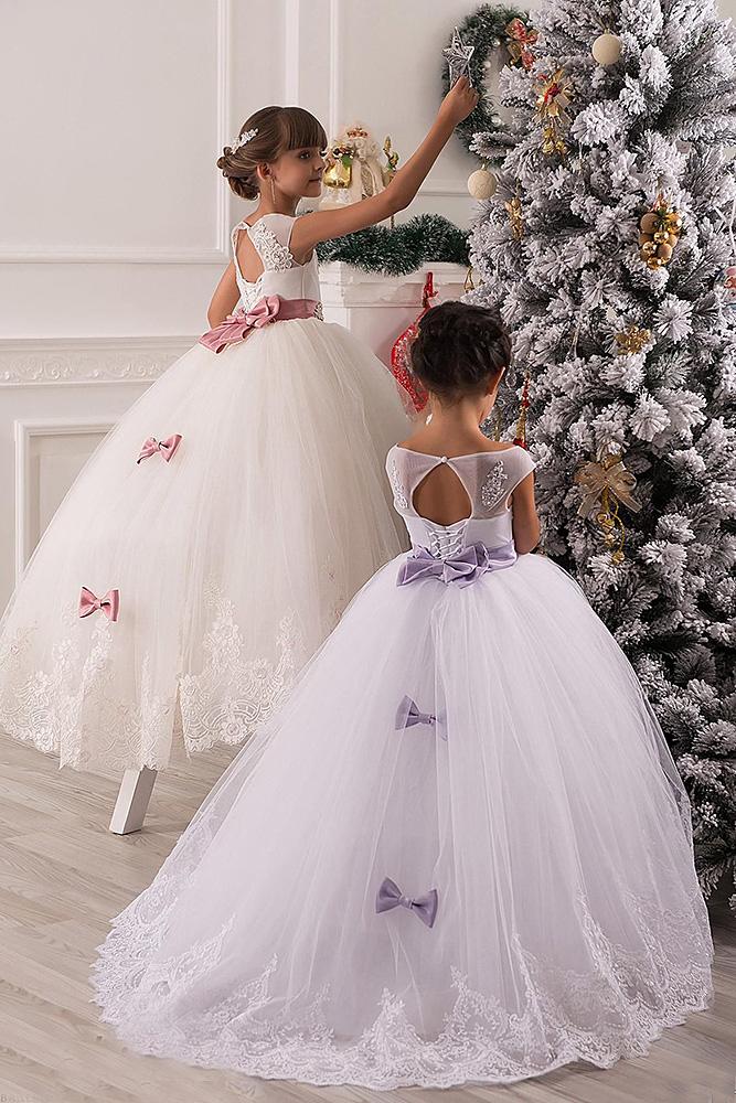  lace flower girl dresses ball gown open back with colored bow tulle skirt kingdom boutique