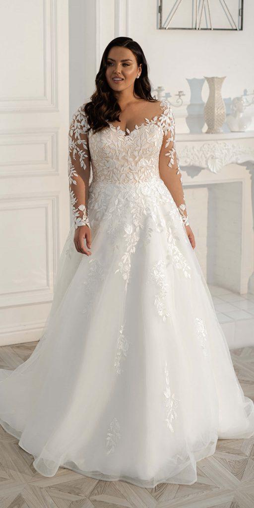 lace plus size wedding dresses a line with illusion sleeves naviblue