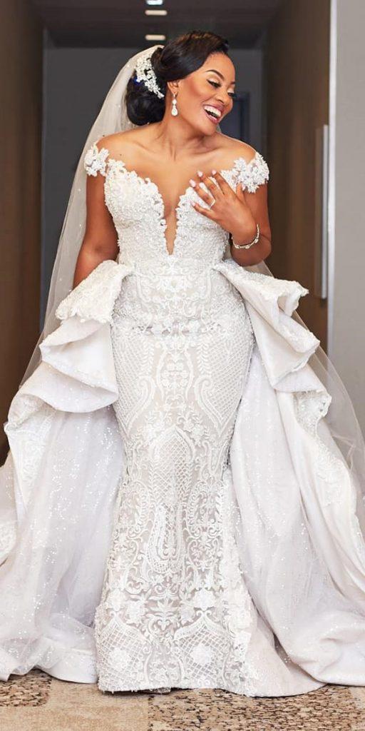 lace plus size wedding dresses mermaid off the shoulder with overskirt eseazenabor