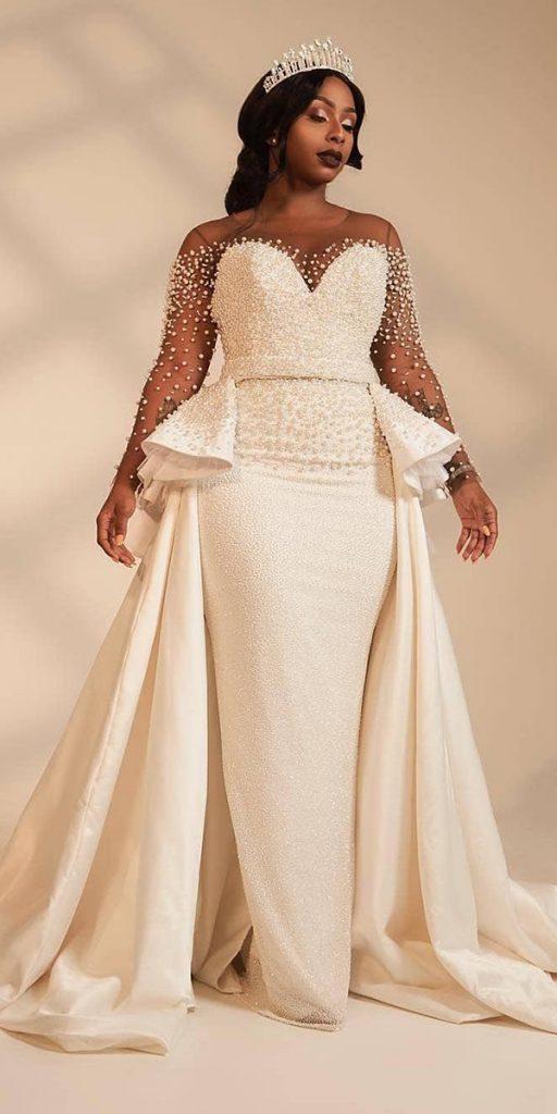 lace plus size wedding dresses sheath illusion long sleeves with overskirt orapelengmodutle