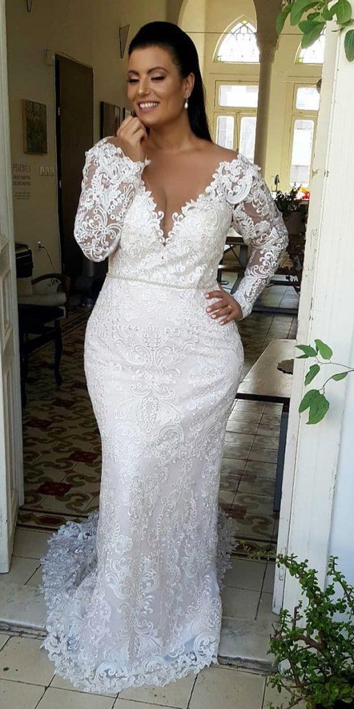 lace plus size wedding dresses sheath v neckline with long sleeves my sun and stars co