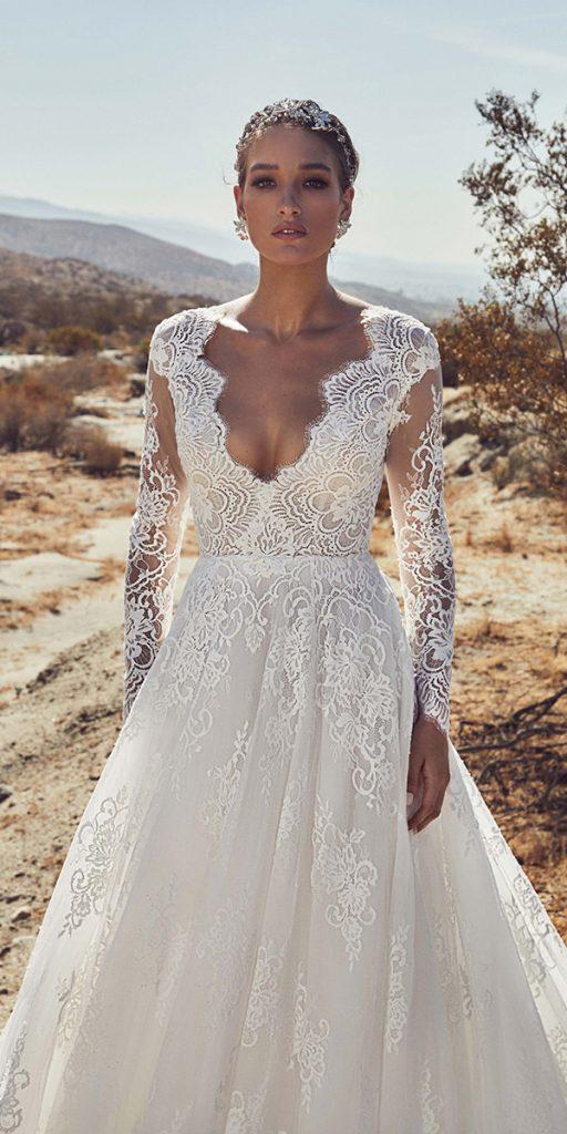  lace wedding dresses with sleeves a line v neckline callablanche