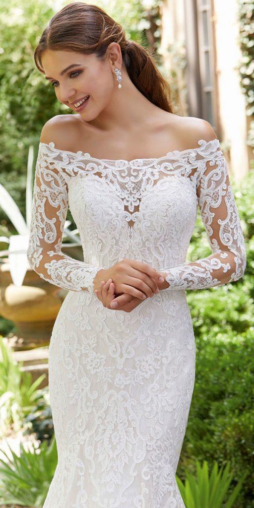 lace wedding dresses with sleeves fit and flare off the shoulder mori lee