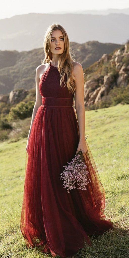  long bridesmaid dresses burgundy halter neckline simple country jennyyoonyc