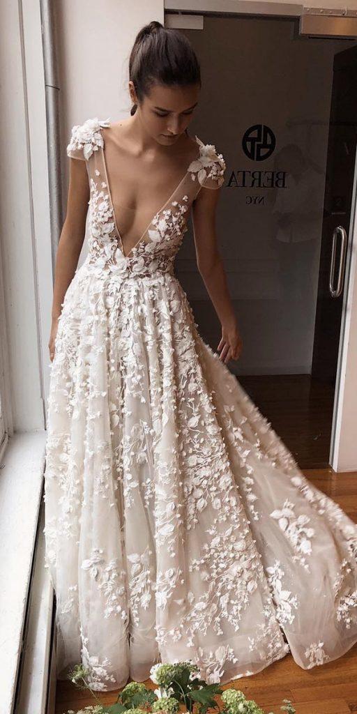  trendy wedding dresses a line sexy deep v neckline with cap sleeves floral berta