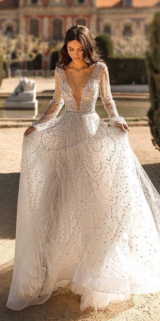  a line wedding dresses sexy deep v neckline with illusion long sleeves sequins julie vino