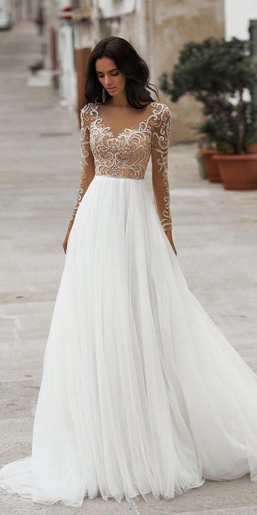  a line wedding dresses with illusion sleeves lace top nude navibluebridal