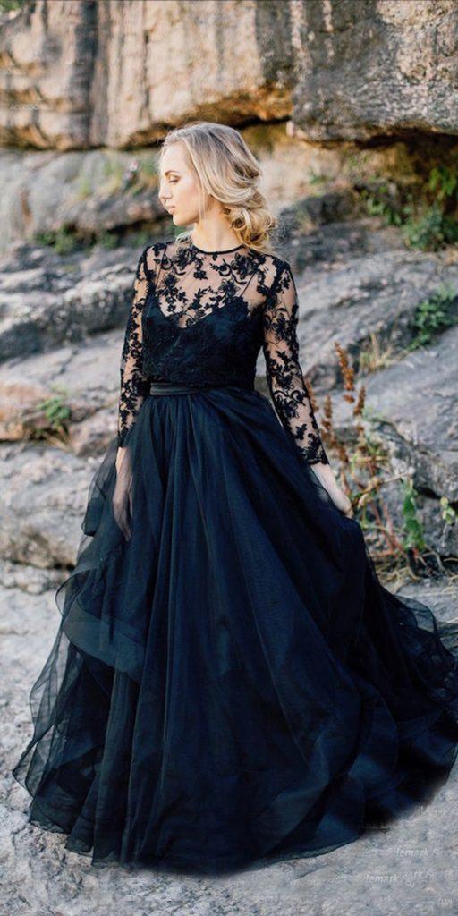  black wedding dresses princess with illusion long sleeves ruffled skirt ashleyjensenphotography