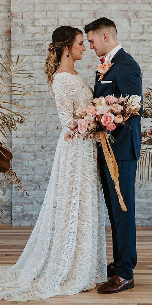 boho wedding dresses with sleeves a line delicate lace rustic 