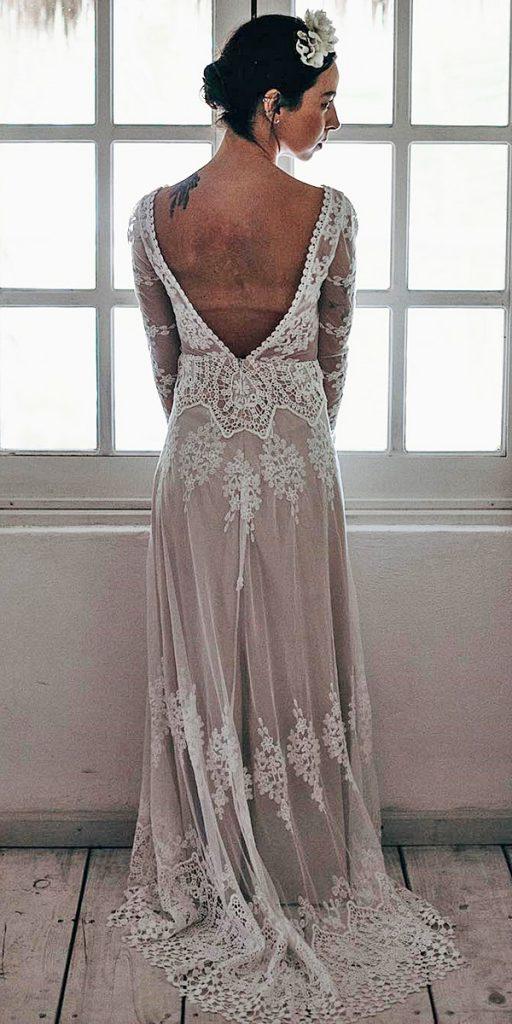  boho wedding dresses with sleeves a line v back lace dreamersandlovers