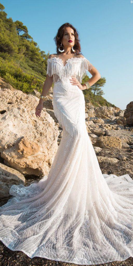 julija bridal fashion wedding dresses fit and flare illusion neckline with fringe 2019