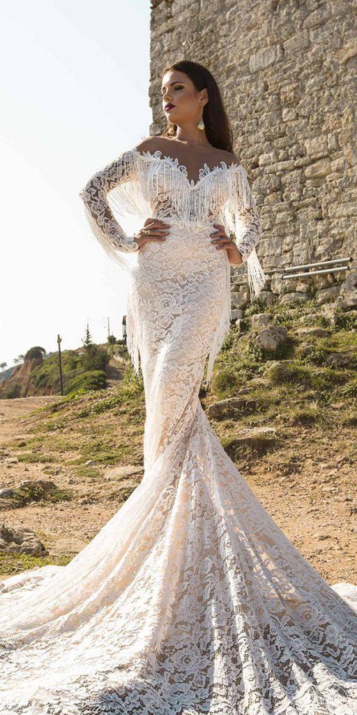 julija bridal fashion wedding dresses sheath with long sleeves off the shoulder full lace with train 2019