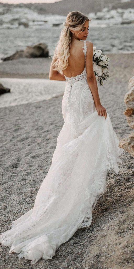 lace beach wedding dresses backless with straps long train martinalianabridal