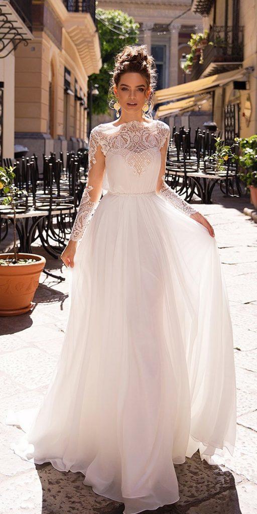  lace bridal gowns a line with illusion long sleeves delicate lace lussanobridal