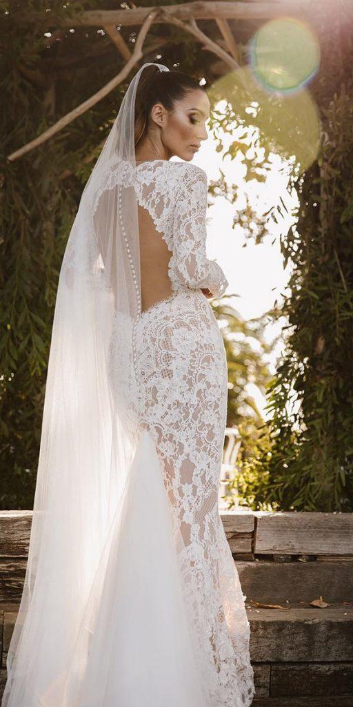 lace bridal gowns sheath with long sleeves illusion open back pallas couture