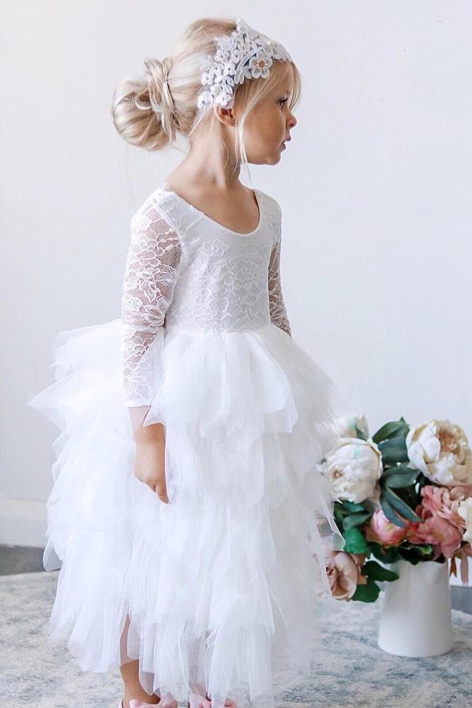  lace flower girl dresses with sleeves ruffled skirt white missgstyle