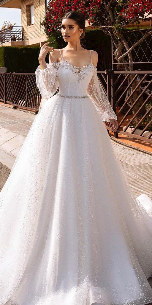  long sleeve wedding dresses ball gown with spaghetti straps puff sleeves tinavalerdi