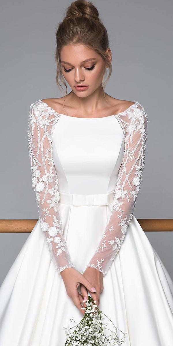 Long Sleeve Wedding Dresses Illusion With Floral Appliques Modest Evalendel 