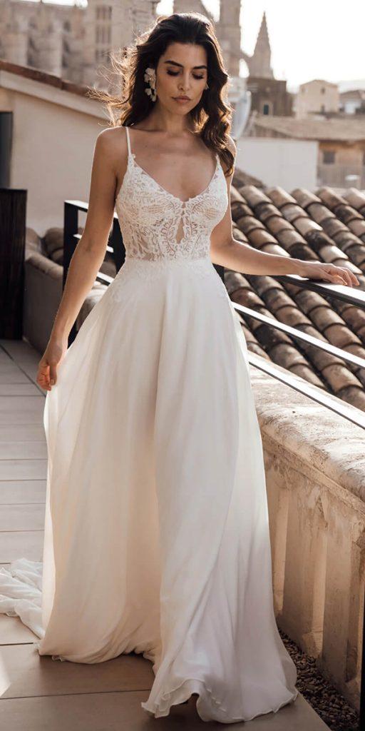 louvienne wedding dresses a line with spaghetti straps lace top for beach