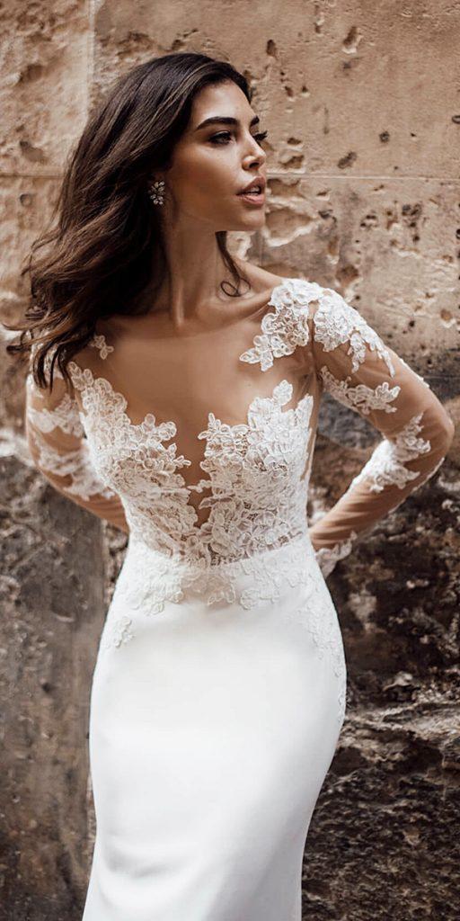 louvienne wedding dresses illusion nekline with long sleeves lace detail