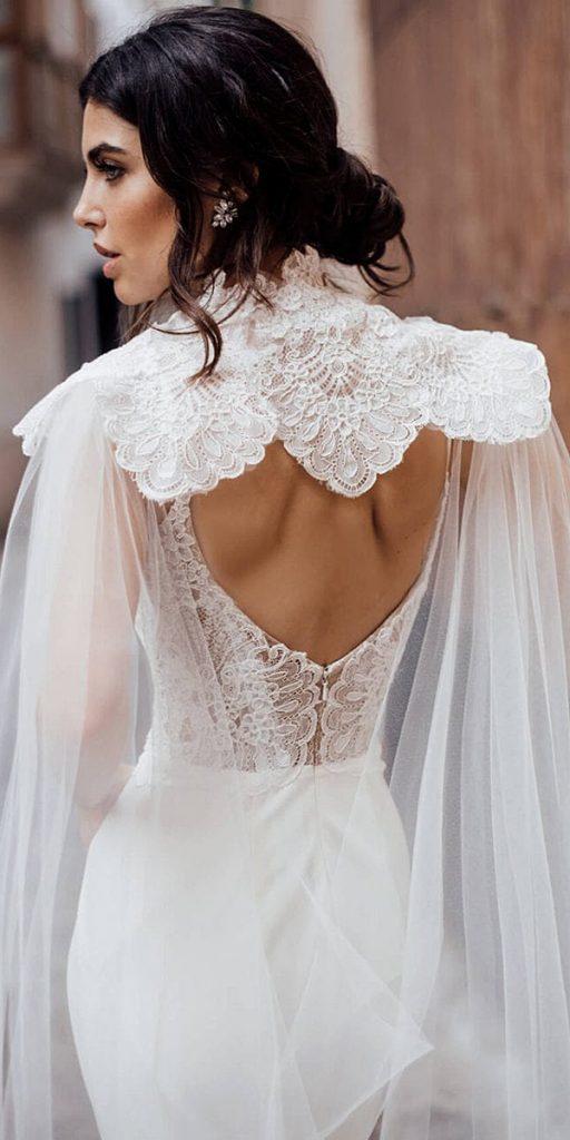 louvienne wedding dresses low back with lace cape 2019