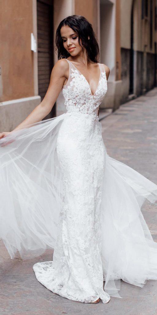 louvienne wedding dresses sheath lace v neckline with overskirt 2019