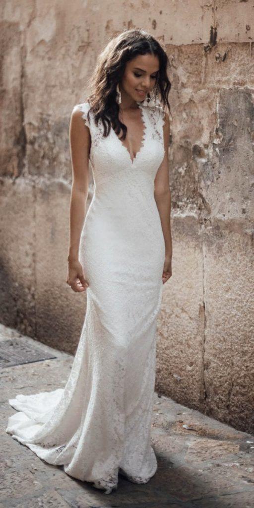 louvienne wedding dresses sheath v neckline full lace for beach rustic 2019