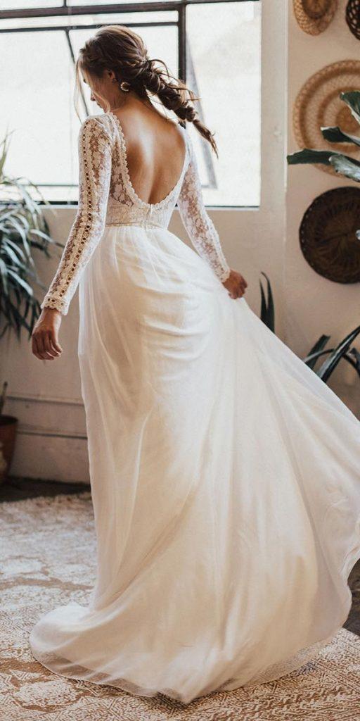 rustic lace wedding dresses a line with long sleeves low back dreamersandlovers
