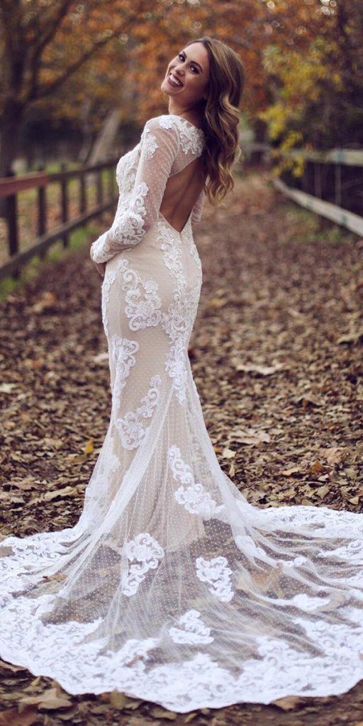 rustic lace wedding dresses long sleeves open back with train goddessbynature