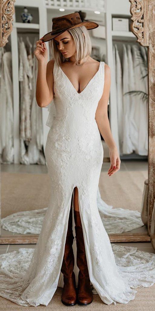 rustic lace wedding dresses trumpet v neckline with boots hat cowboy the gc bridal lounge