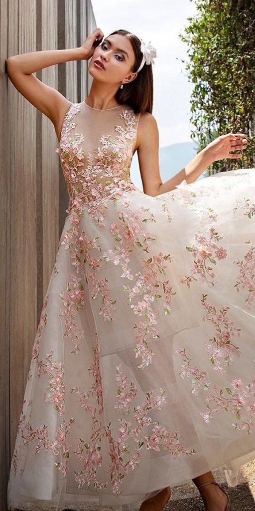 tea length wedding dresses illusion neckline floral appliques demetriosbride