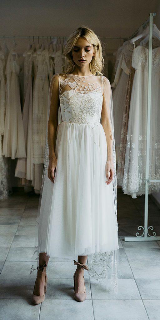 tea length wedding dresses illusion neckline with cape nadiamanzato