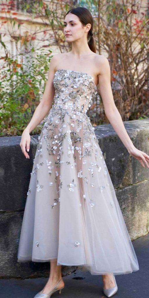 tea length wedding dresses strapless straight neckline floral apliques reemacra